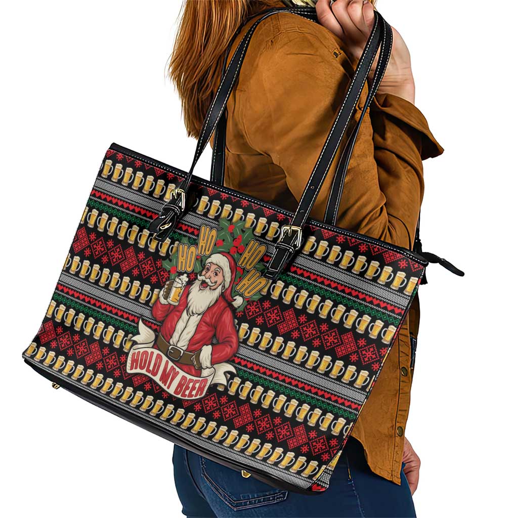 Santa Hold My Beer Christmas Leather Tote Bag with Beer Mugs and Holiday Pattern - Wonder Print Shop