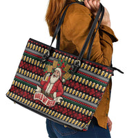 Santa Hold My Beer Christmas Leather Tote Bag with Beer Mugs and Holiday Pattern - Wonder Print Shop