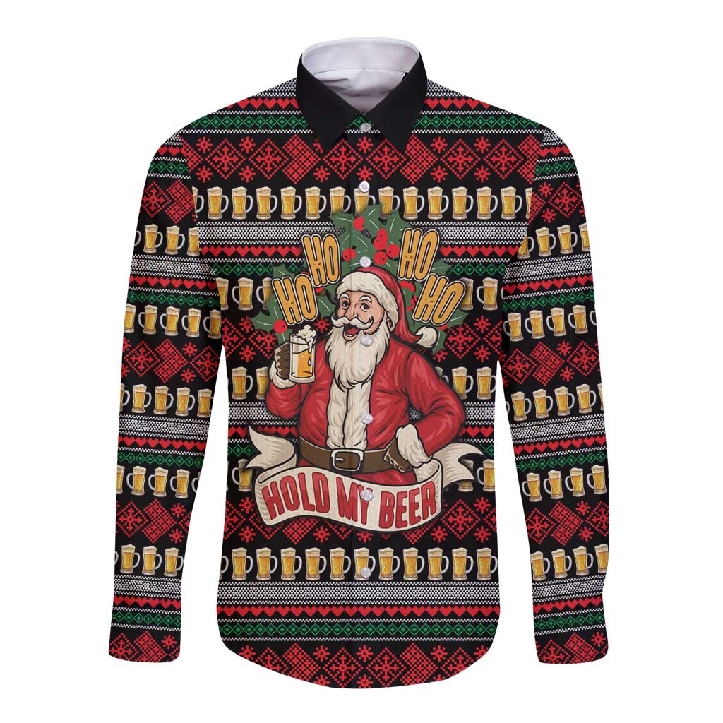 Santa Hold My Beer Christmas Long Sleeve Button Shirt with Beer Mugs and Holiday Pattern - Wonder Print Shop