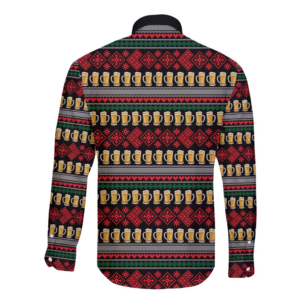 Santa Hold My Beer Christmas Long Sleeve Button Shirt with Beer Mugs and Holiday Pattern - Wonder Print Shop