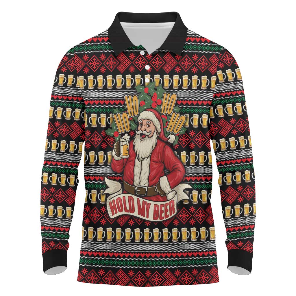 Santa Hold My Beer Christmas Long Sleeve Polo Shirt with Beer Mugs and Holiday Pattern - Wonder Print Shop