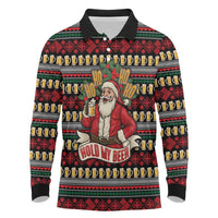 Santa Hold My Beer Christmas Long Sleeve Polo Shirt with Beer Mugs and Holiday Pattern - Wonder Print Shop