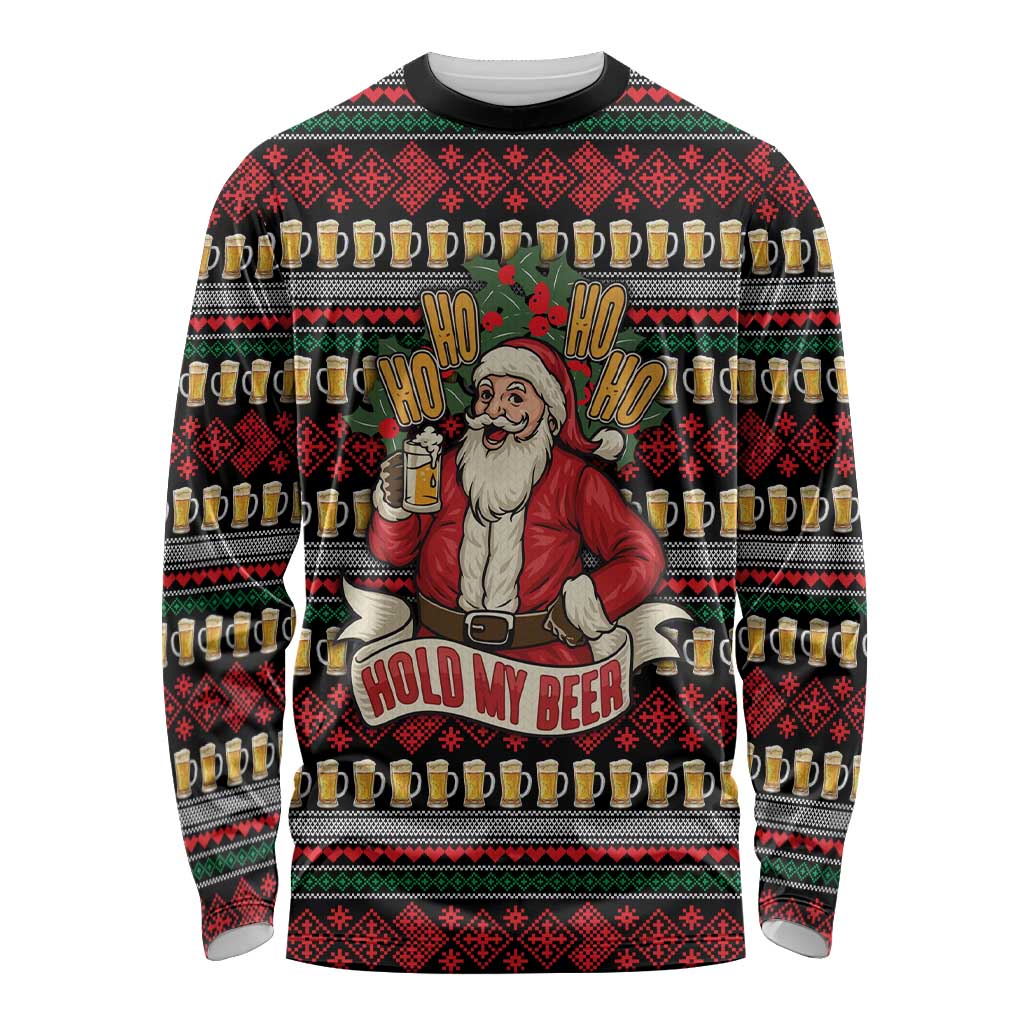 Santa Hold My Beer Christmas Long Sleeve Shirt with Beer Mugs and Holiday Pattern - Wonder Print Shop