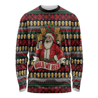 Santa Hold My Beer Christmas Long Sleeve Shirt with Beer Mugs and Holiday Pattern - Wonder Print Shop