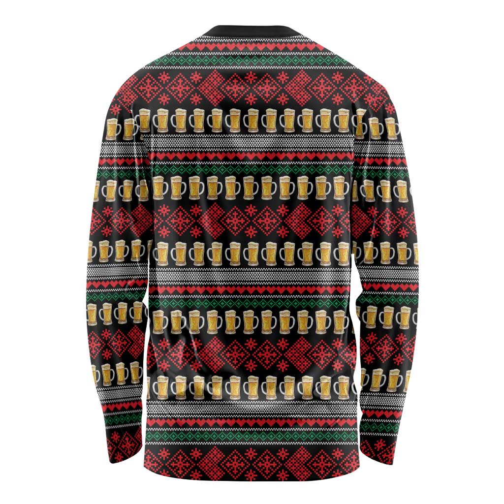 Santa Hold My Beer Christmas Long Sleeve Shirt with Beer Mugs and Holiday Pattern - Wonder Print Shop