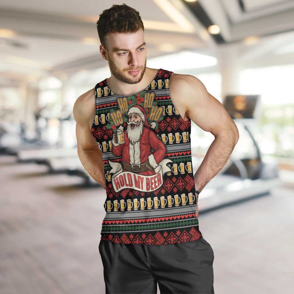 Santa Hold My Beer Christmas Men Tank Top with Beer Mugs and Holiday Pattern - Wonder Print Shop