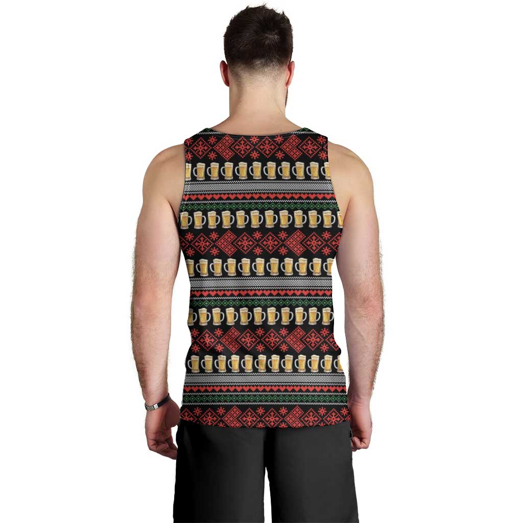 Santa Hold My Beer Christmas Men Tank Top with Beer Mugs and Holiday Pattern - Wonder Print Shop