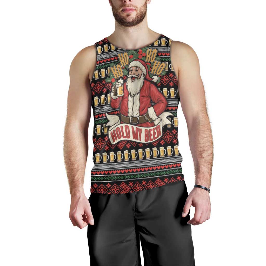 Santa Hold My Beer Christmas Men Tank Top with Beer Mugs and Holiday Pattern - Wonder Print Shop