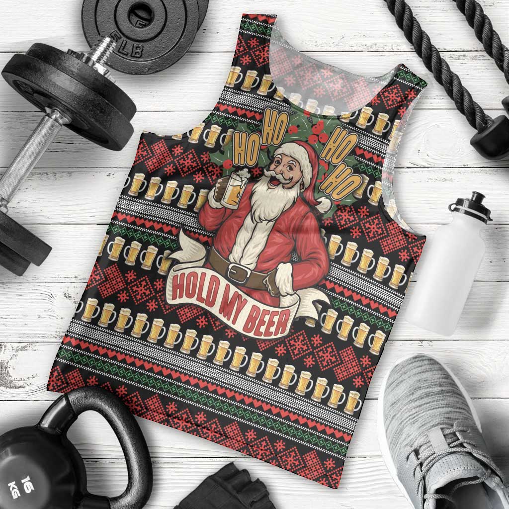 Santa Hold My Beer Christmas Men Tank Top with Beer Mugs and Holiday Pattern - Wonder Print Shop