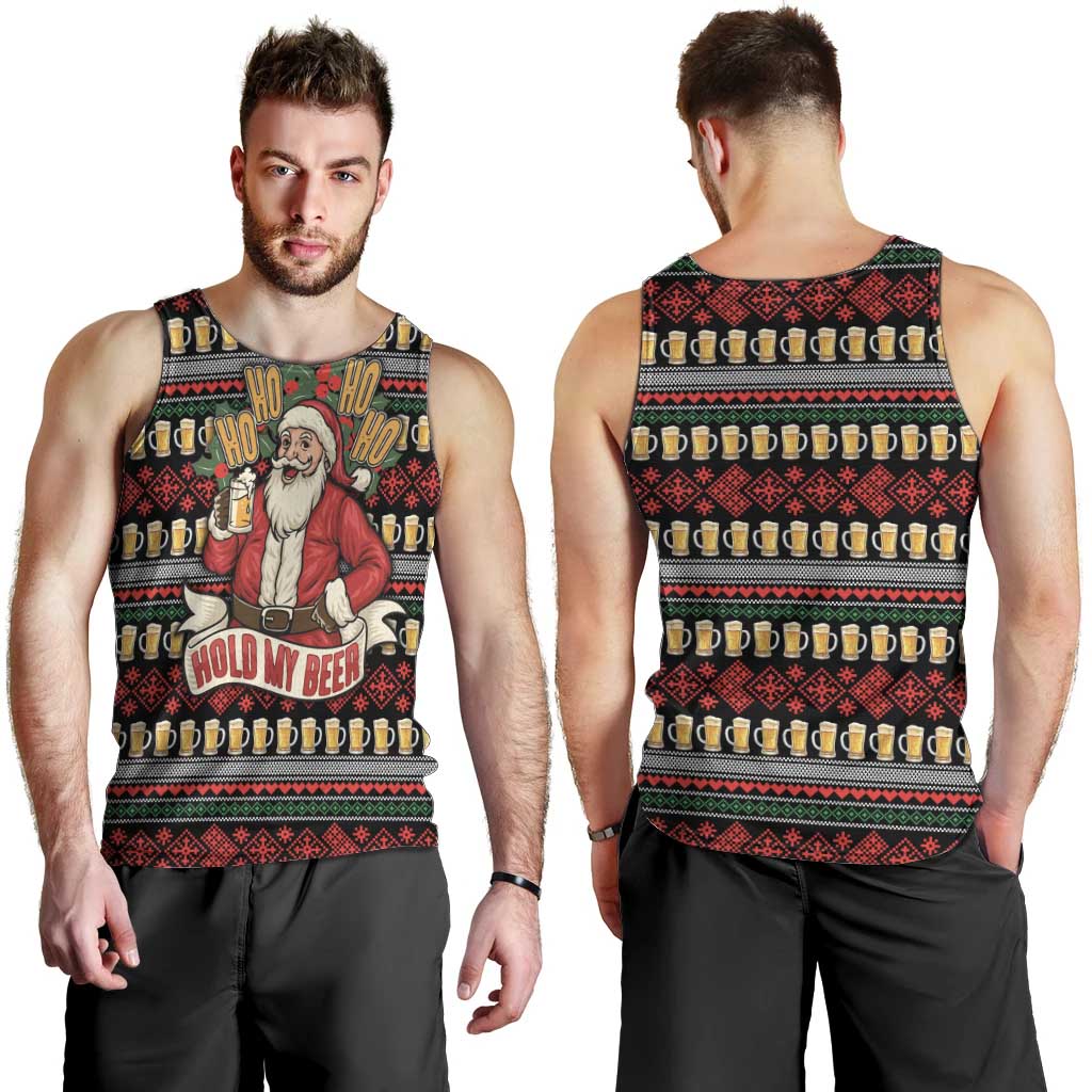 Santa Hold My Beer Christmas Men Tank Top with Beer Mugs and Holiday Pattern - Wonder Print Shop