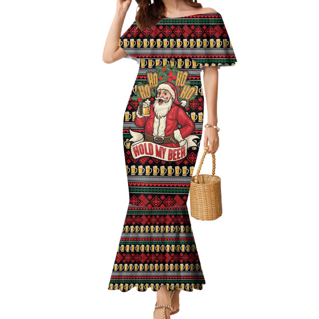 Santa Hold My Beer Christmas Mermaid Dress with Beer Mugs and Holiday Pattern - Wonder Print Shop