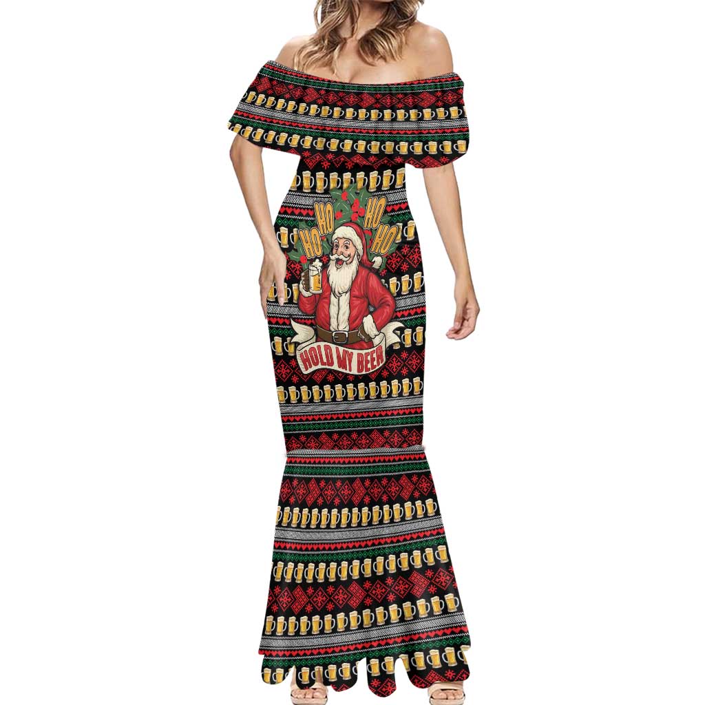 Santa Hold My Beer Christmas Mermaid Dress with Beer Mugs and Holiday Pattern - Wonder Print Shop