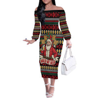Santa Hold My Beer Christmas Off The Shoulder Long Sleeve Dress with Beer Mugs and Holiday Pattern - Wonder Print Shop