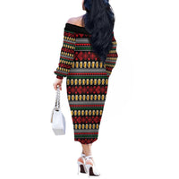 Santa Hold My Beer Christmas Off The Shoulder Long Sleeve Dress with Beer Mugs and Holiday Pattern - Wonder Print Shop