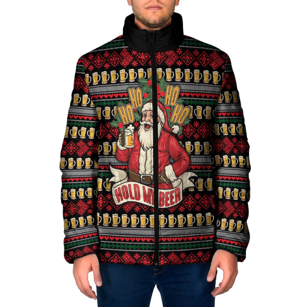 Santa Hold My Beer Christmas Padded Jacket with Beer Mugs and Holiday Pattern - Wonder Print Shop