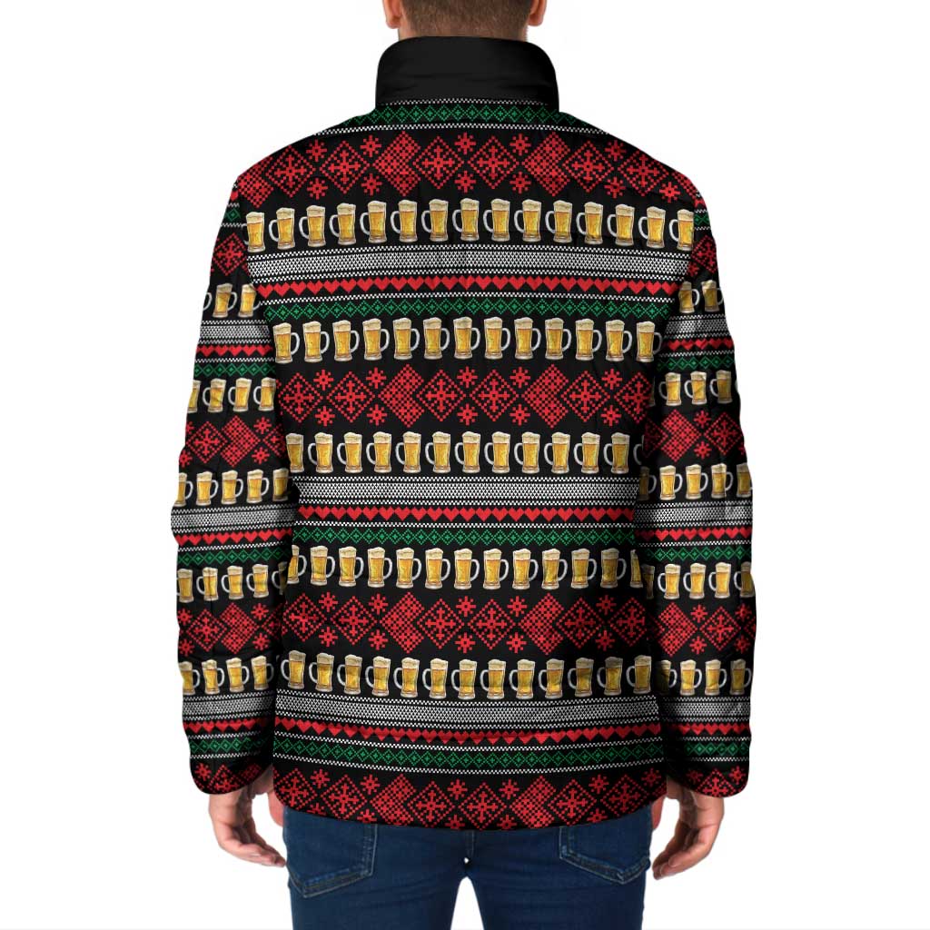 Santa Hold My Beer Christmas Padded Jacket with Beer Mugs and Holiday Pattern - Wonder Print Shop