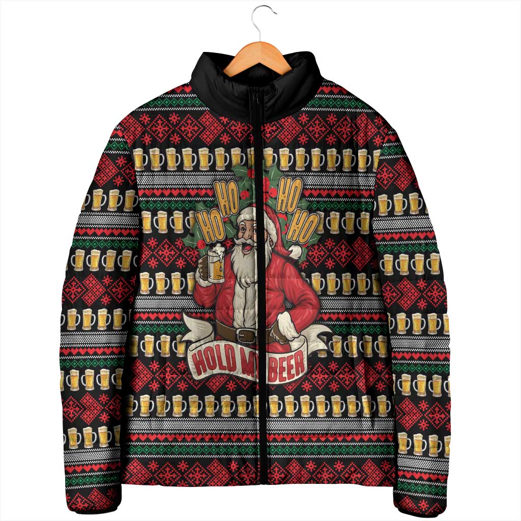 Santa Hold My Beer Christmas Padded Jacket with Beer Mugs and Holiday Pattern - Wonder Print Shop