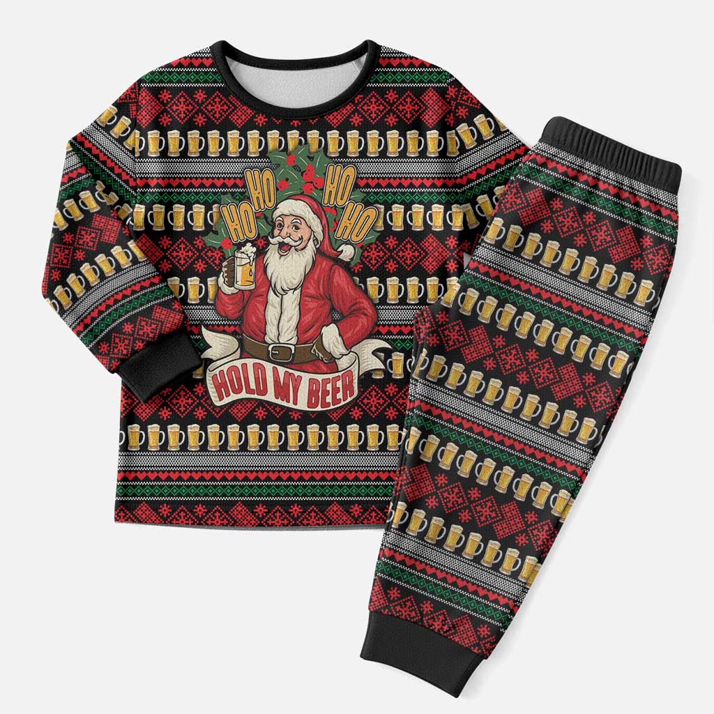 Santa Hold My Beer Christmas Pajama Set with Beer Mugs and Holiday Pattern - Wonder Print Shop