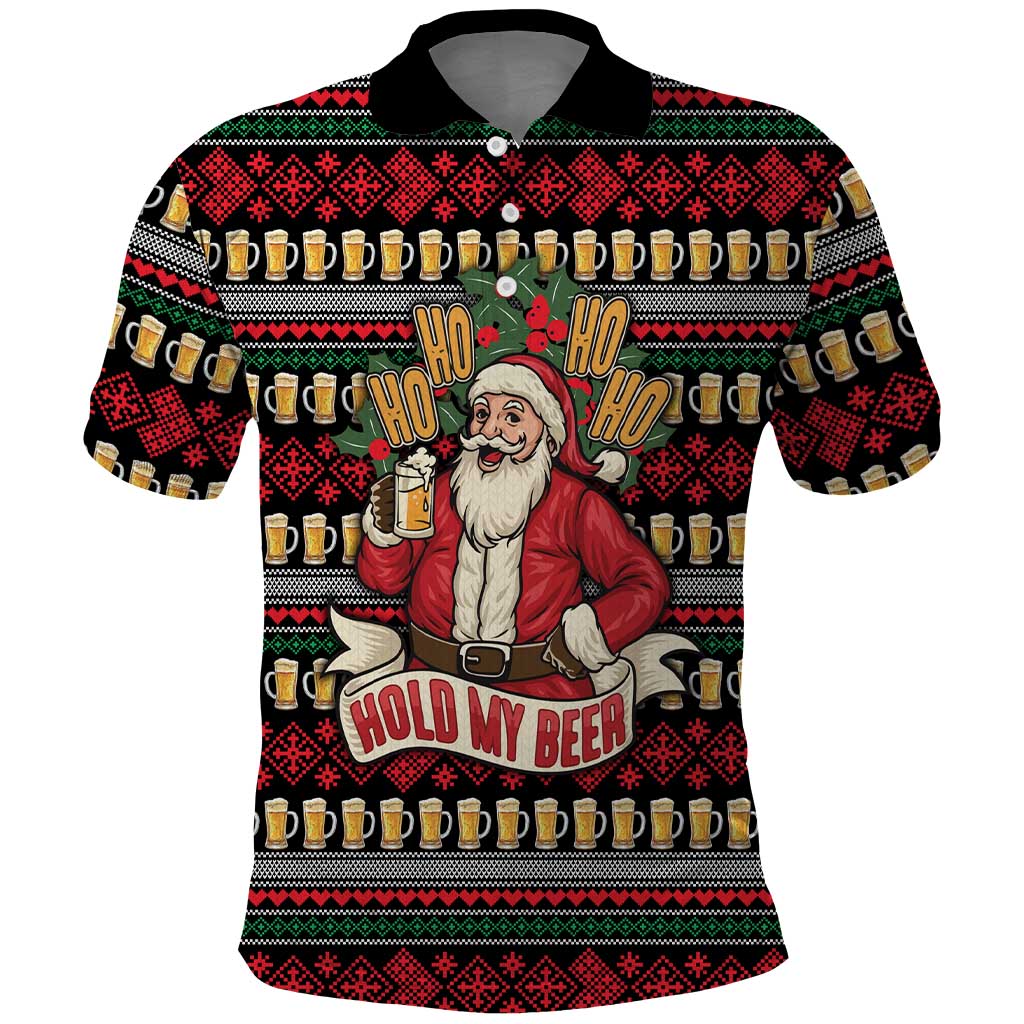 Santa Hold My Beer Christmas Polo Shirt with Beer Mugs and Holiday Pattern - Wonder Print Shop