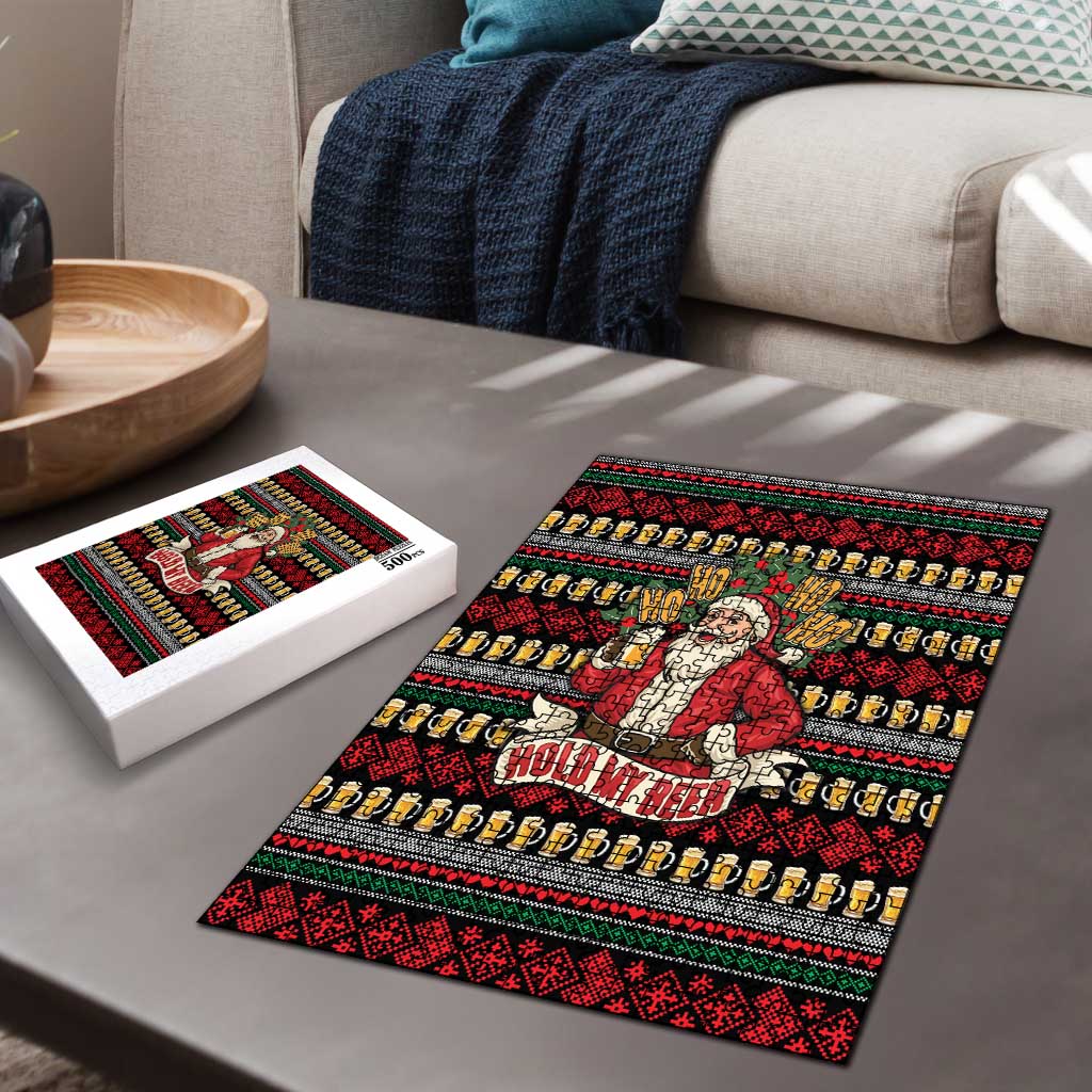 Santa Hold My Beer Christmas Puzzle with Beer Mugs and Holiday Pattern - Wonder Print Shop