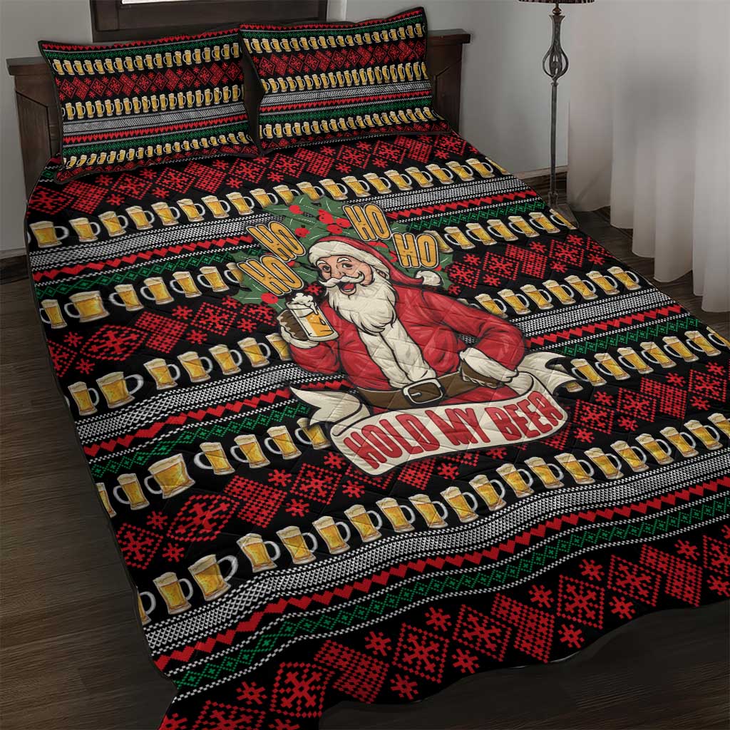 Santa Hold My Beer Christmas Quilt Bed Set with Beer Mugs and Holiday Pattern - Wonder Print Shop