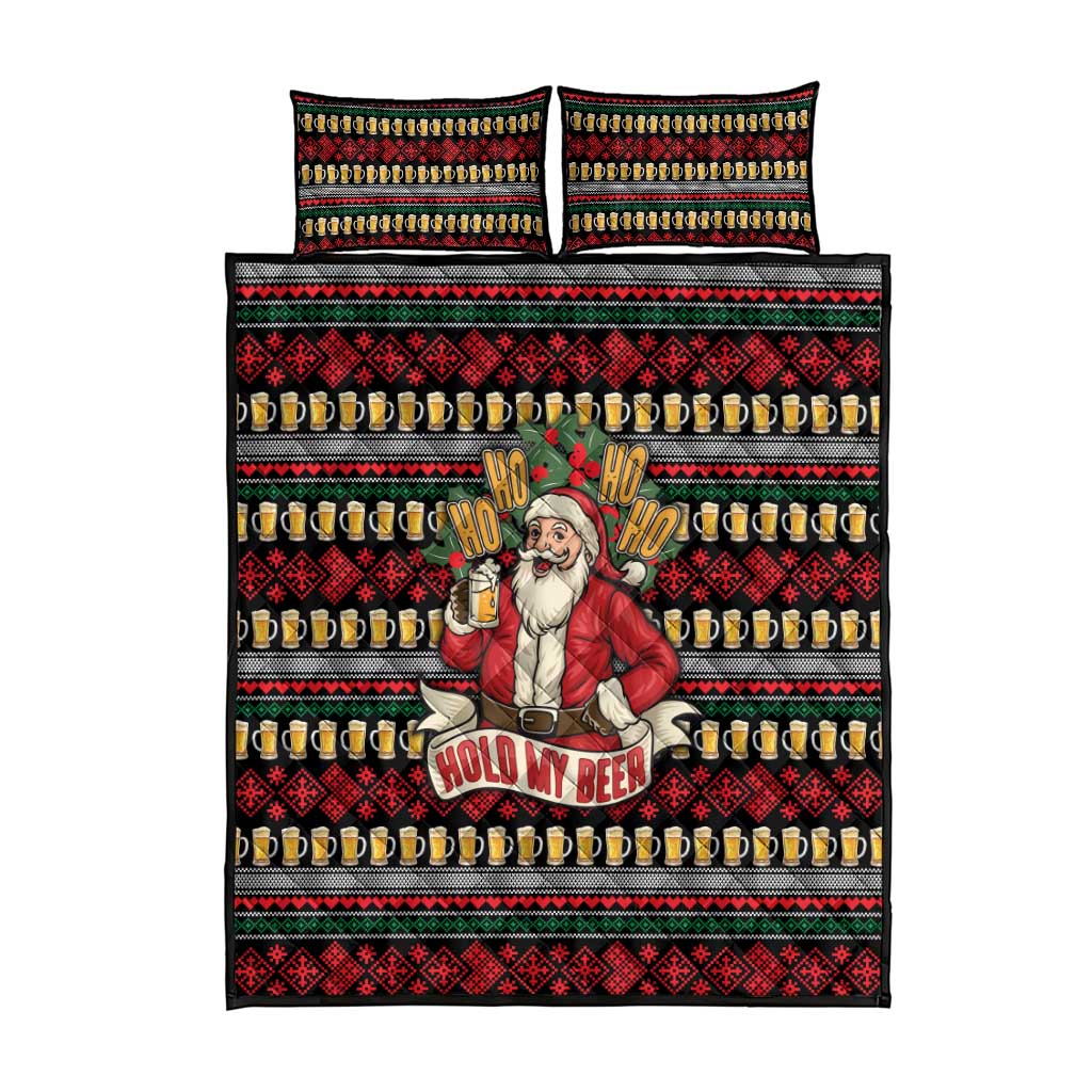 Santa Hold My Beer Christmas Quilt Bed Set with Beer Mugs and Holiday Pattern - Wonder Print Shop