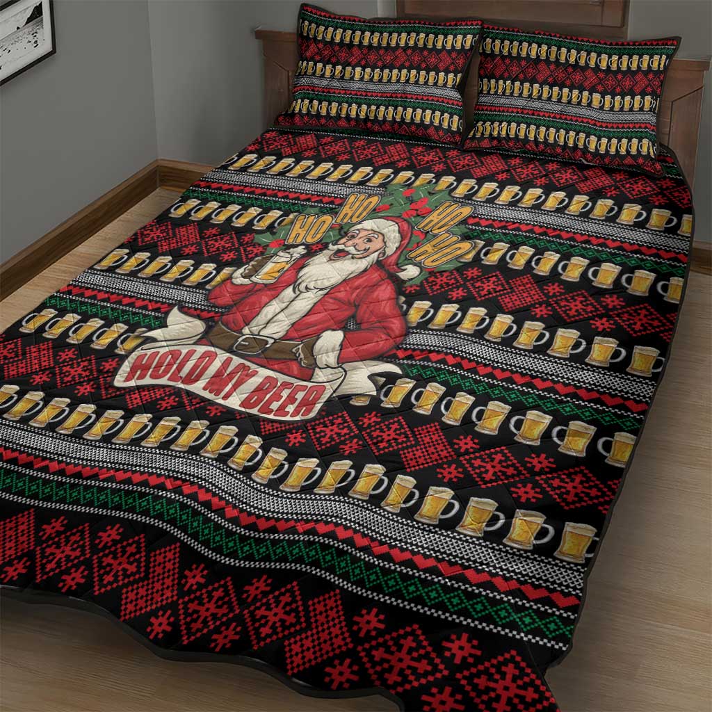 Santa Hold My Beer Christmas Quilt Bed Set with Beer Mugs and Holiday Pattern - Wonder Print Shop