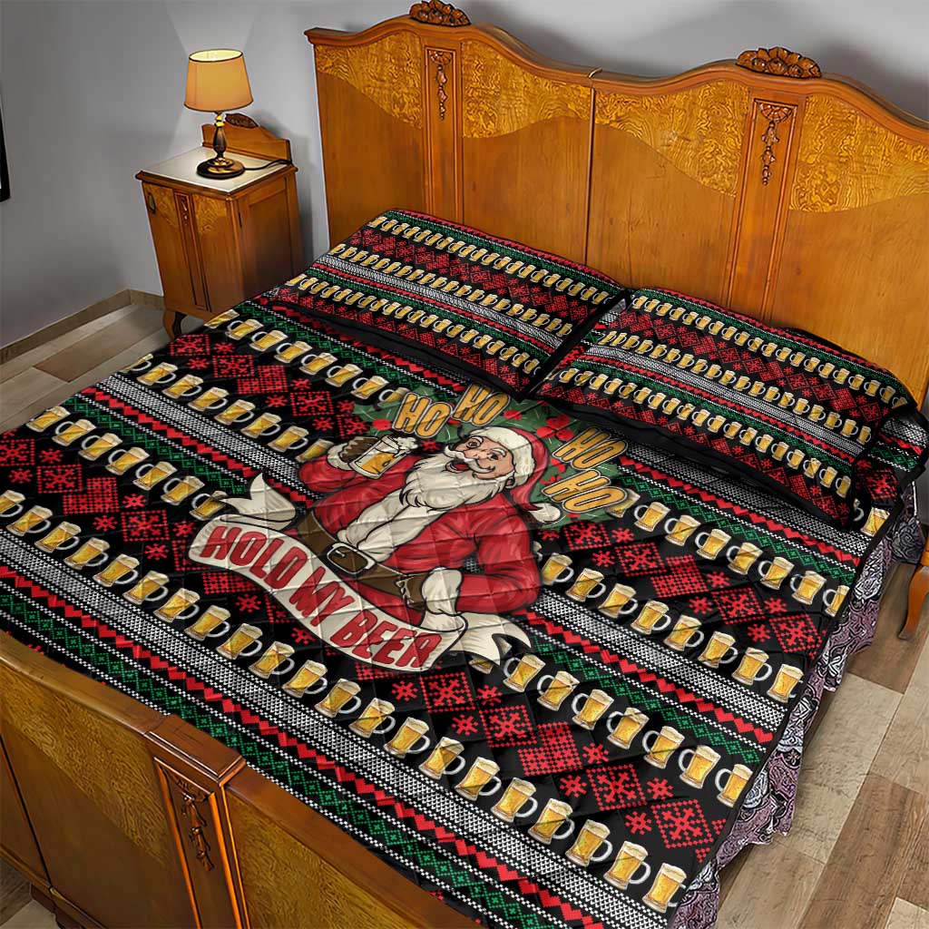 Santa Hold My Beer Christmas Quilt Bed Set with Beer Mugs and Holiday Pattern - Wonder Print Shop