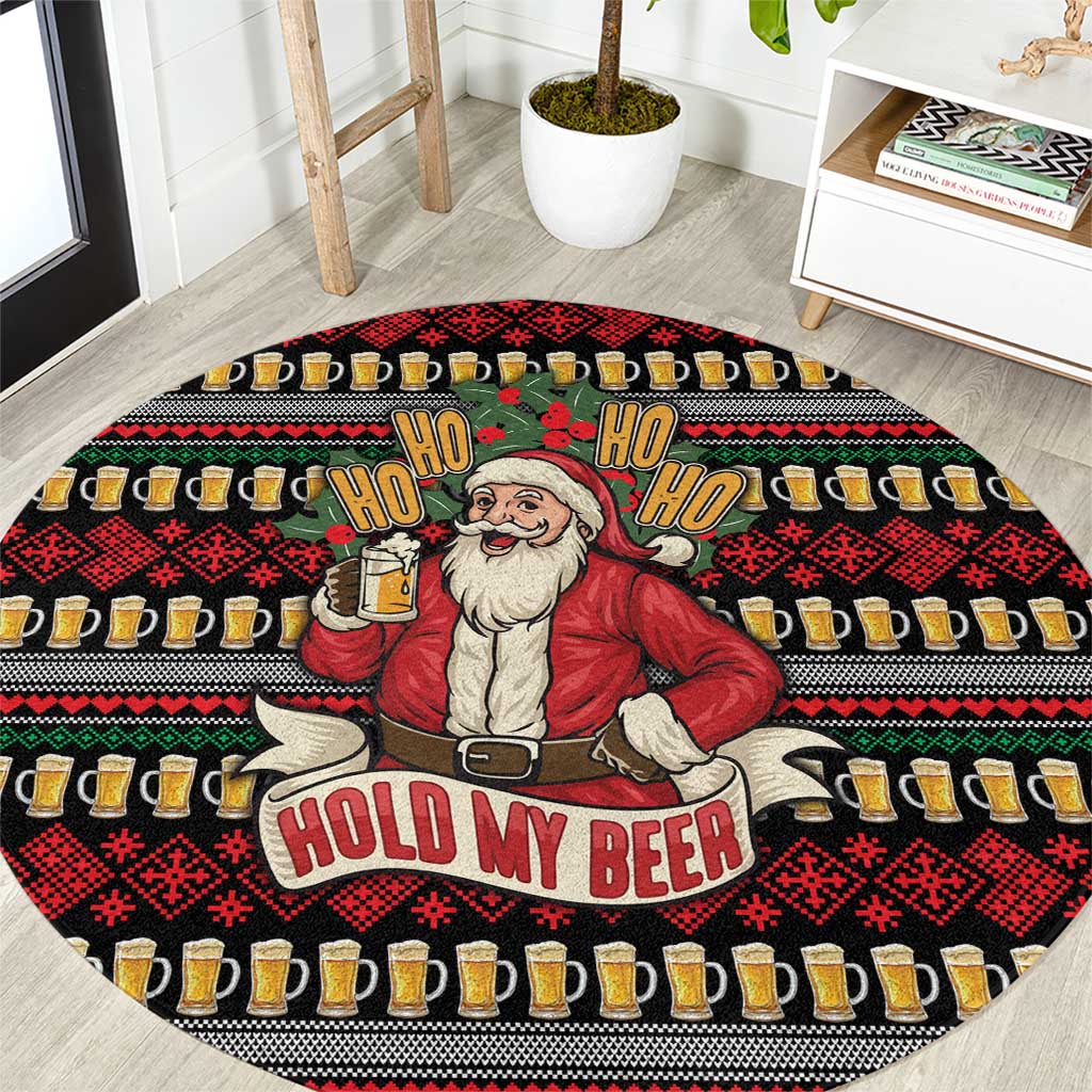 Santa Hold My Beer Christmas Round Carpet with Beer Mugs and Holiday Pattern - Wonder Print Shop