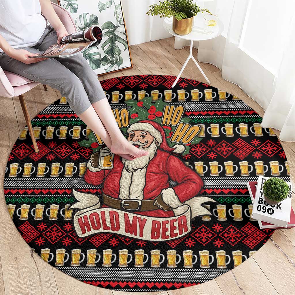 Santa Hold My Beer Christmas Round Carpet with Beer Mugs and Holiday Pattern - Wonder Print Shop
