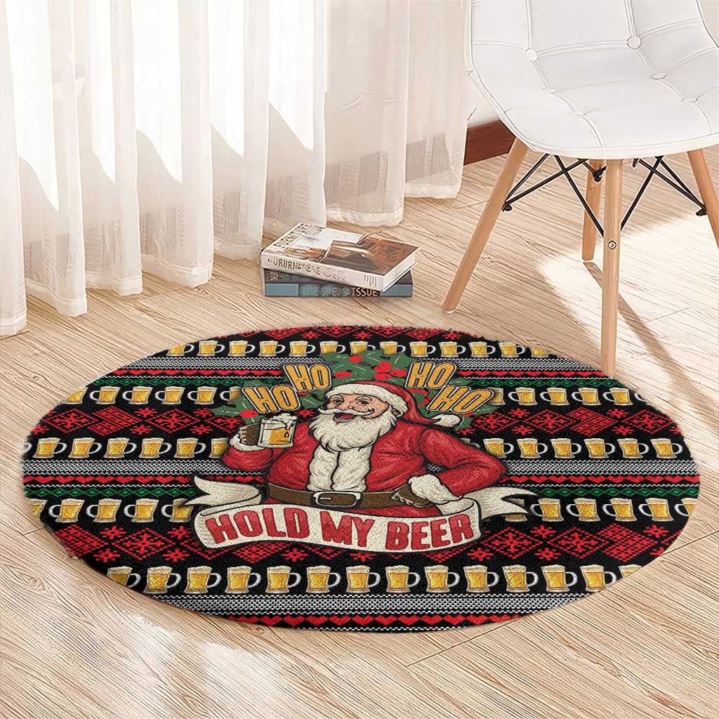 Santa Hold My Beer Christmas Round Carpet with Beer Mugs and Holiday Pattern - Wonder Print Shop