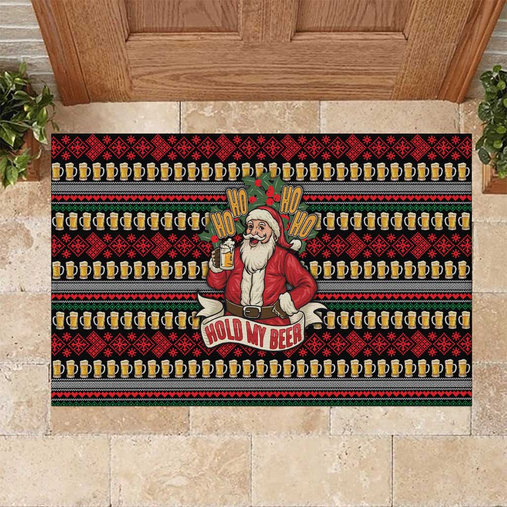 Santa Hold My Beer Christmas Rubber Doormat with Beer Mugs and Holiday Pattern - Wonder Print Shop