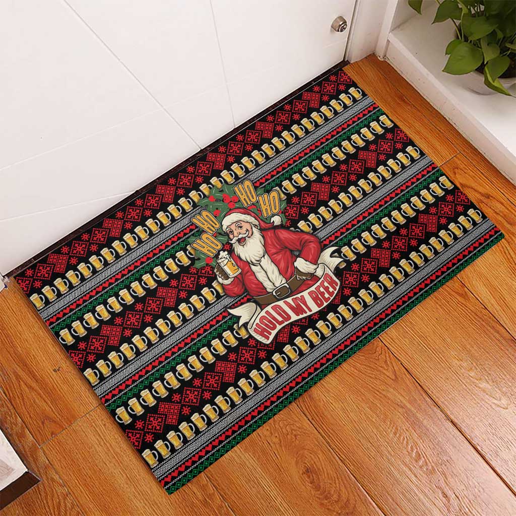 Santa Hold My Beer Christmas Rubber Doormat with Beer Mugs and Holiday Pattern - Wonder Print Shop