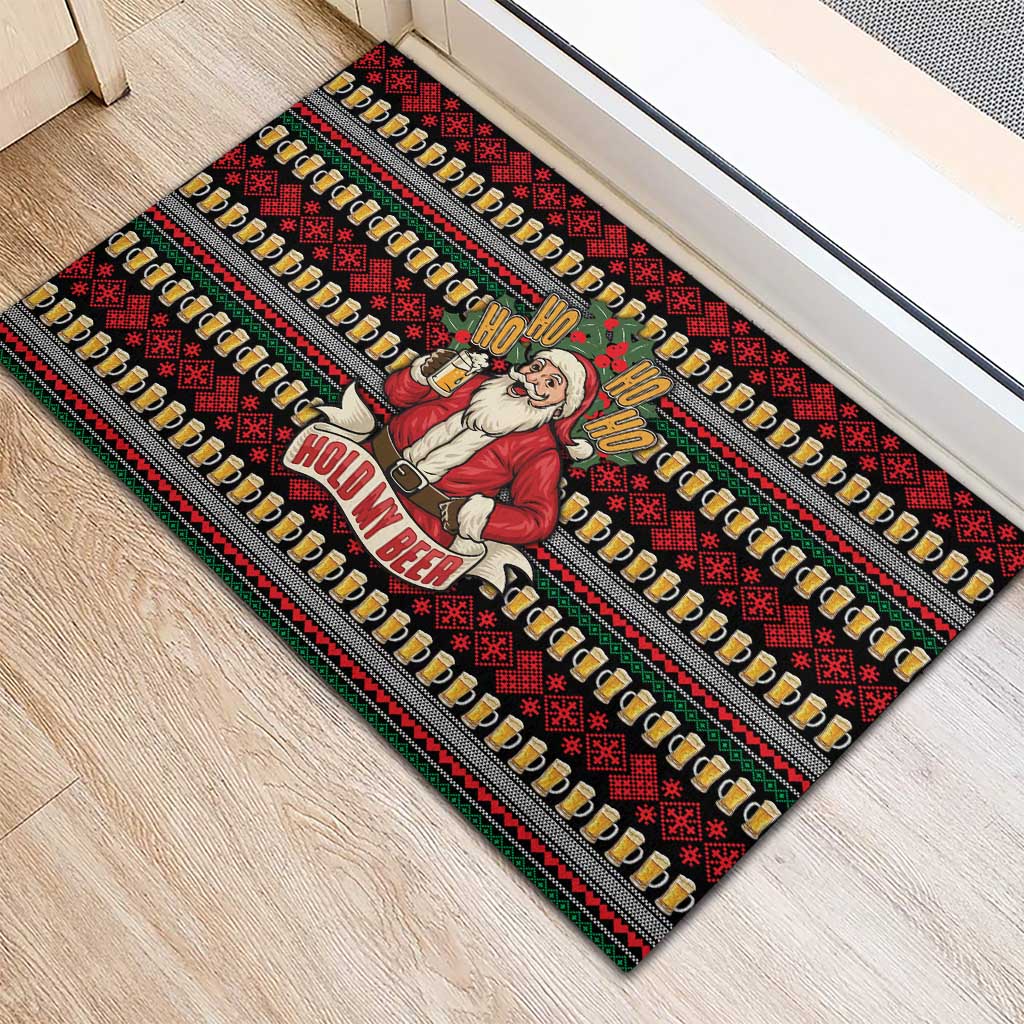 Santa Hold My Beer Christmas Rubber Doormat with Beer Mugs and Holiday Pattern - Wonder Print Shop