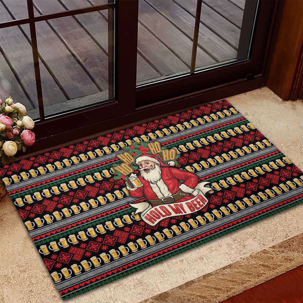 Santa Hold My Beer Christmas Rubber Doormat with Beer Mugs and Holiday Pattern - Wonder Print Shop