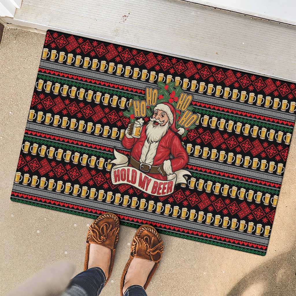 Santa Hold My Beer Christmas Rubber Doormat with Beer Mugs and Holiday Pattern - Wonder Print Shop