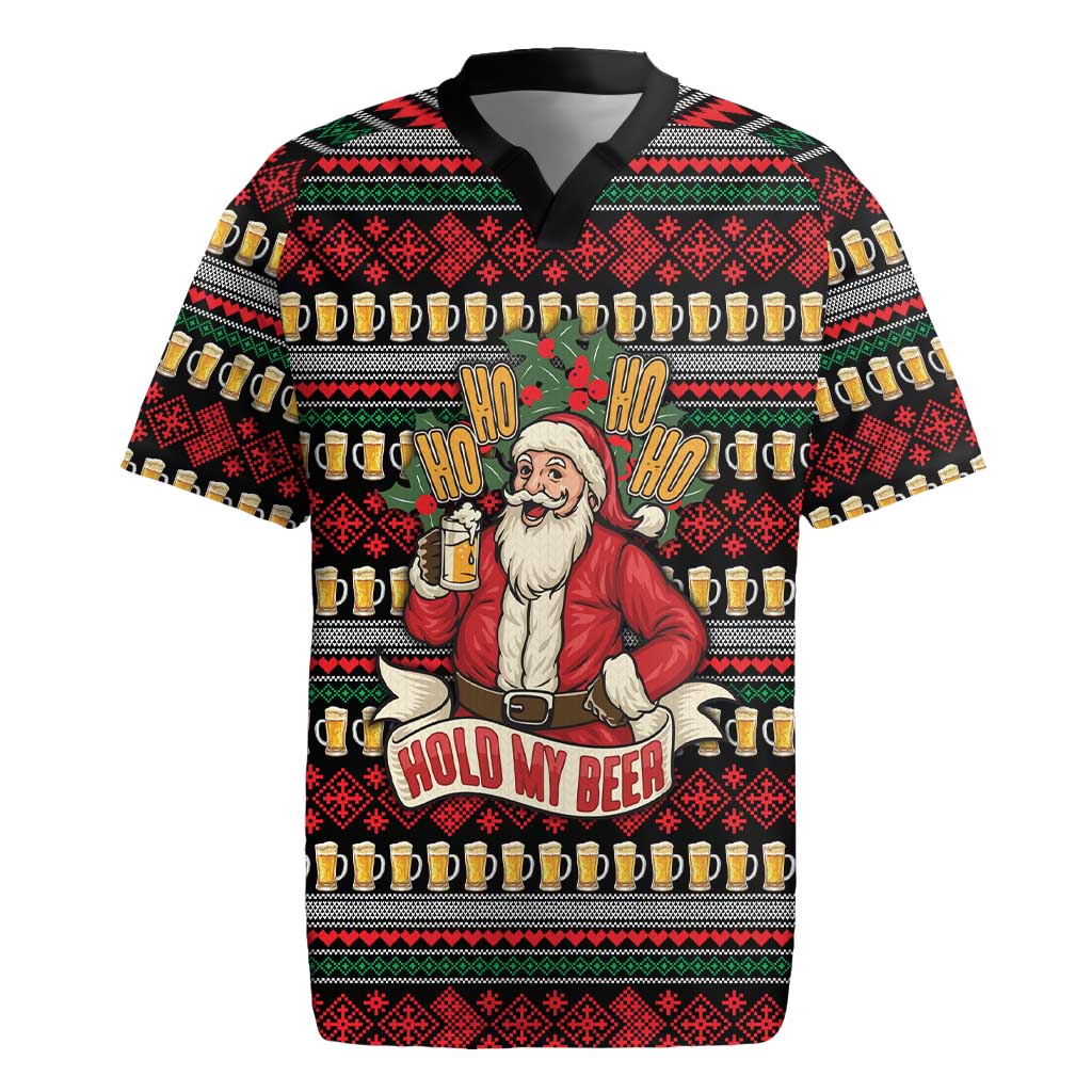Santa Hold My Beer Christmas Rugby Jersey with Beer Mugs and Holiday Pattern - Wonder Print Shop