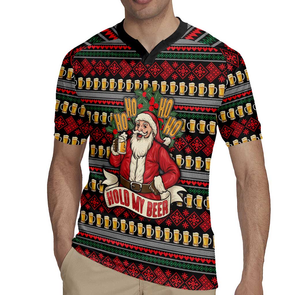 Santa Hold My Beer Christmas Rugby Jersey with Beer Mugs and Holiday Pattern - Wonder Print Shop