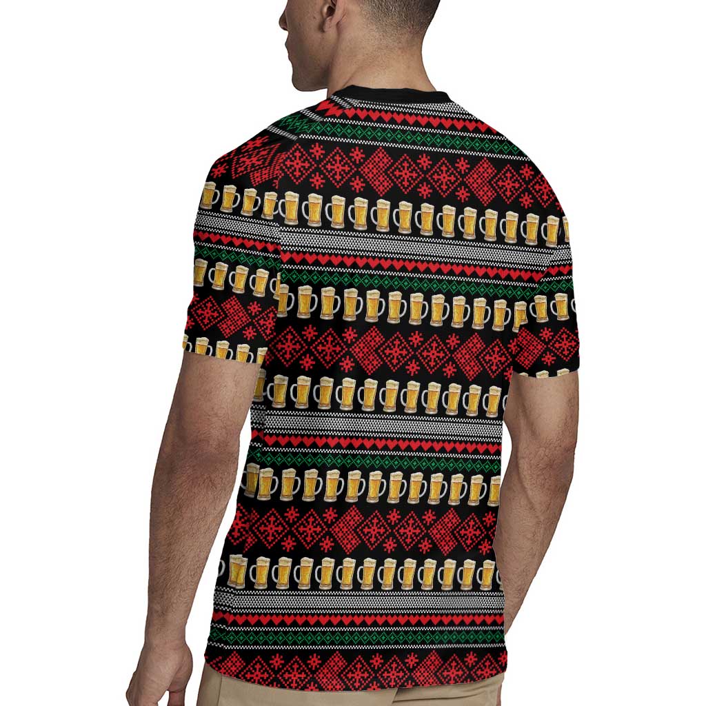 Santa Hold My Beer Christmas Rugby Jersey with Beer Mugs and Holiday Pattern - Wonder Print Shop