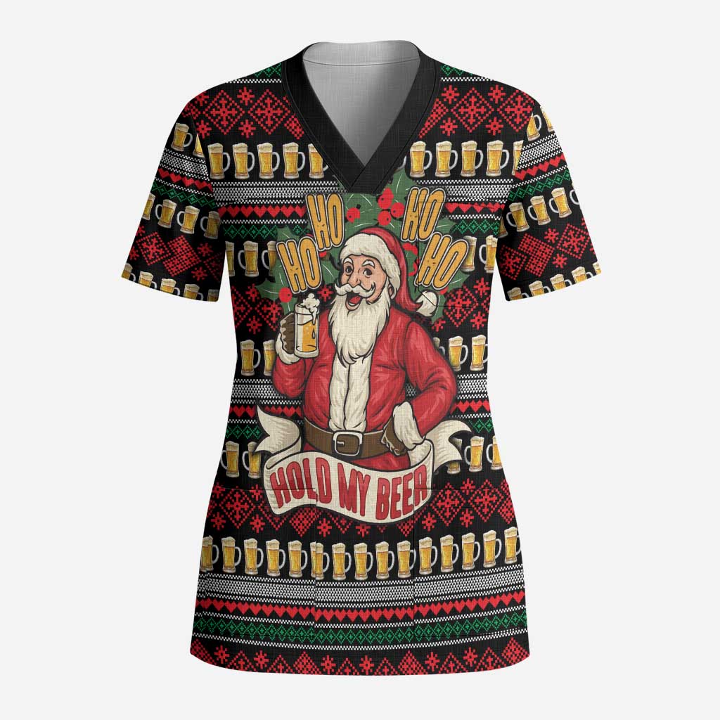 Santa Hold My Beer Christmas Scrub Top with Beer Mugs and Holiday Pattern - Wonder Print Shop