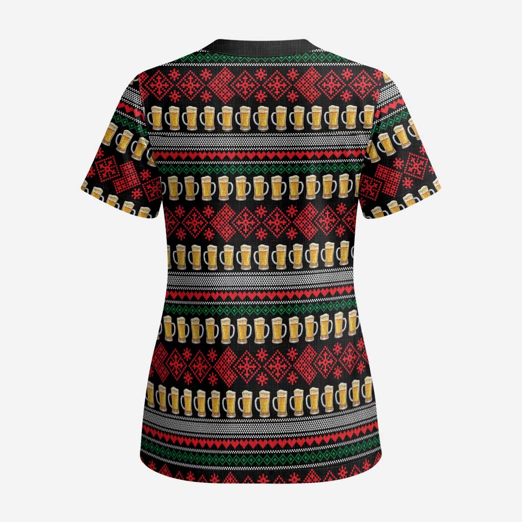 Santa Hold My Beer Christmas Scrub Top with Beer Mugs and Holiday Pattern - Wonder Print Shop