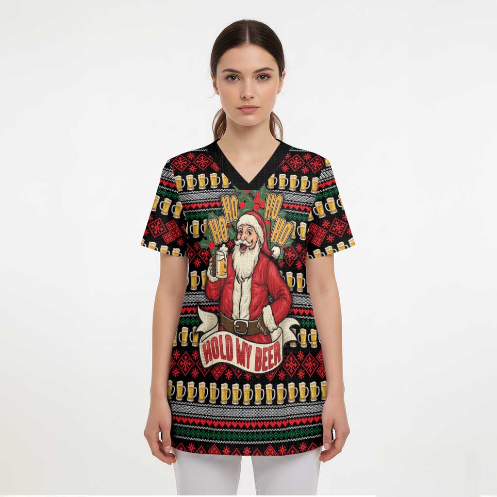 Santa Hold My Beer Christmas Scrub Top with Beer Mugs and Holiday Pattern - Wonder Print Shop