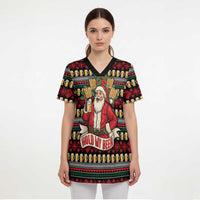 Santa Hold My Beer Christmas Scrub Top with Beer Mugs and Holiday Pattern - Wonder Print Shop