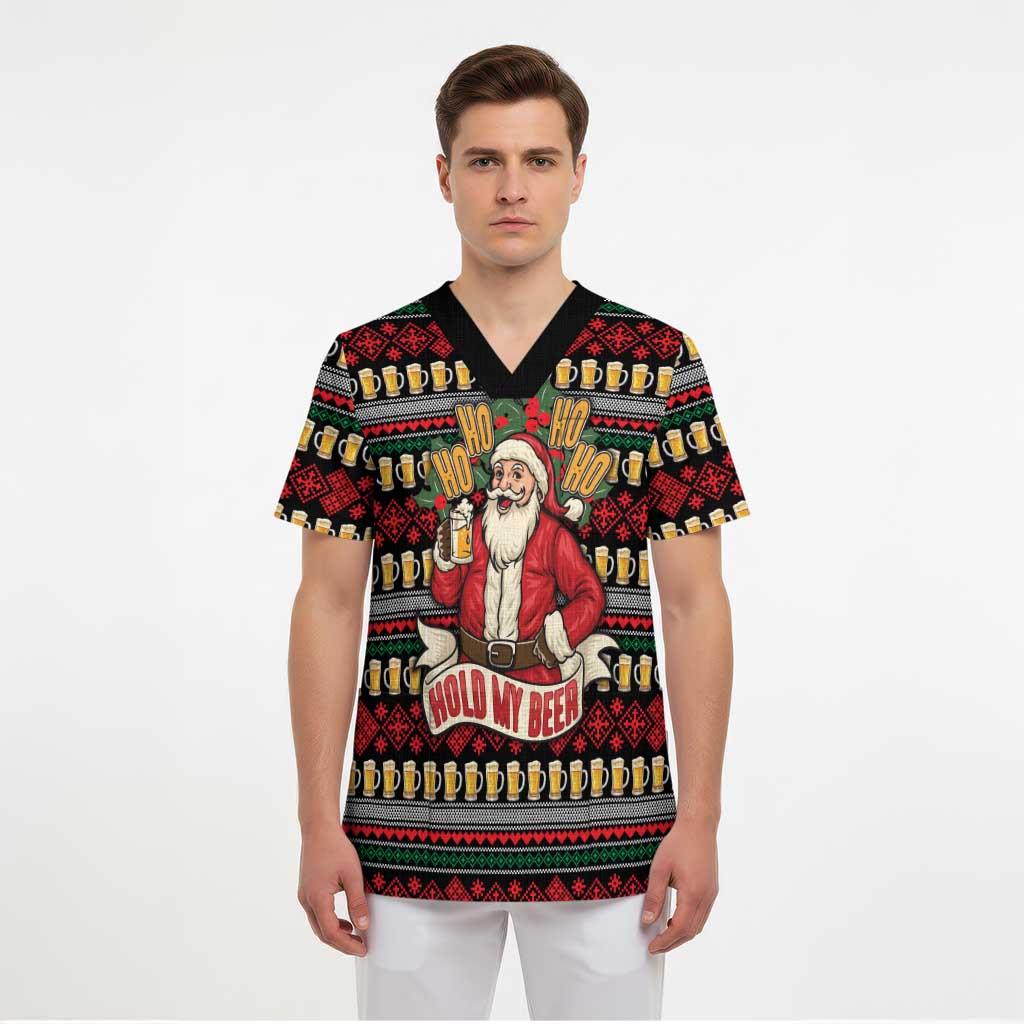 Santa Hold My Beer Christmas Scrub Top with Beer Mugs and Holiday Pattern - Wonder Print Shop