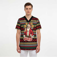 Santa Hold My Beer Christmas Scrub Top with Beer Mugs and Holiday Pattern - Wonder Print Shop