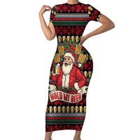 Santa Hold My Beer Christmas Short Sleeve Bodycon Dress with Beer Mugs and Holiday Pattern - Wonder Print Shop