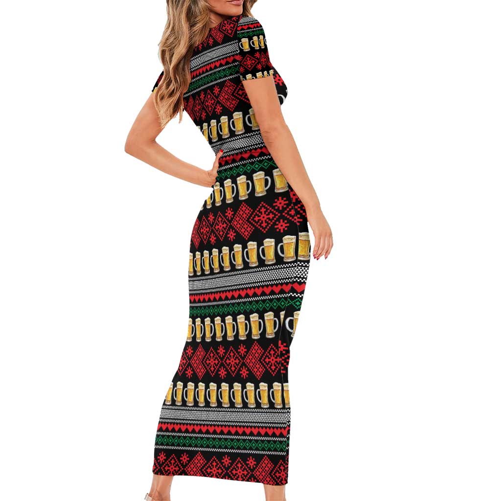 Santa Hold My Beer Christmas Short Sleeve Bodycon Dress with Beer Mugs and Holiday Pattern - Wonder Print Shop