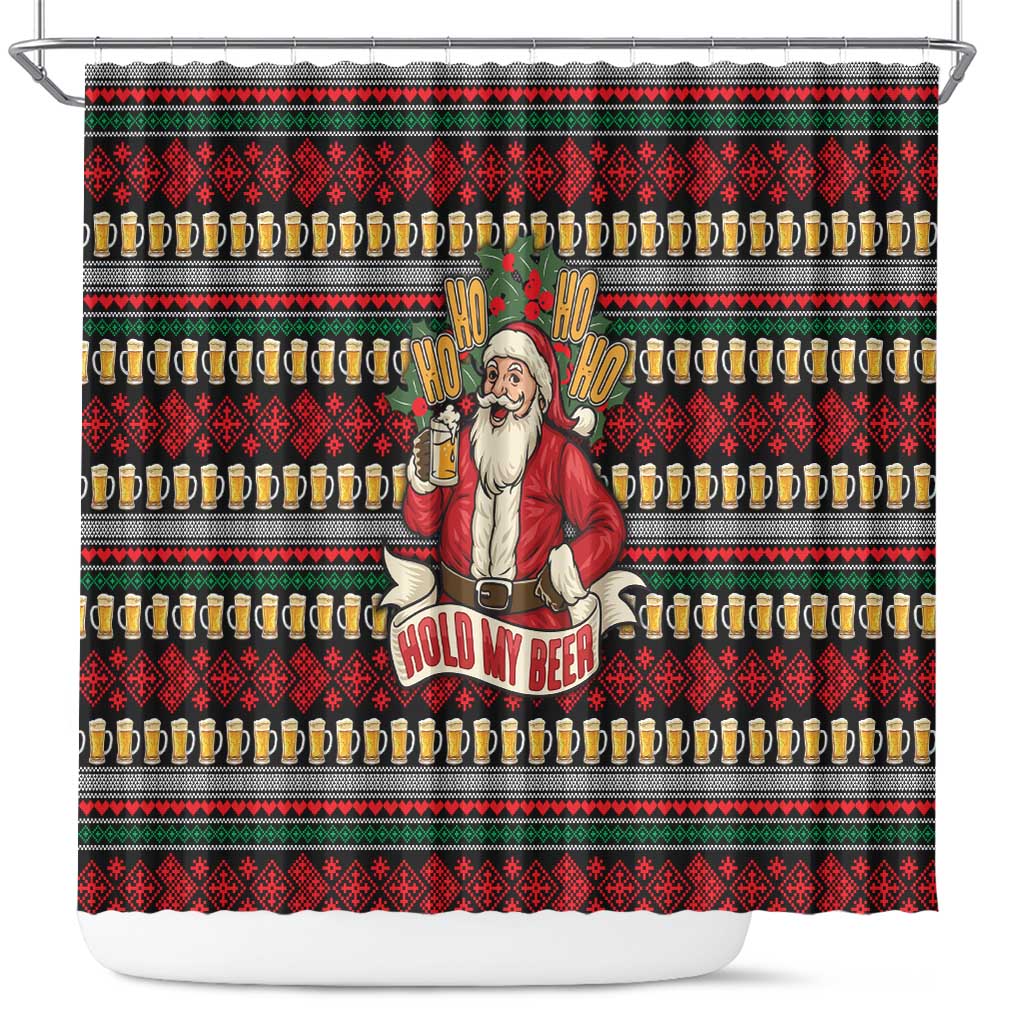 Santa Hold My Beer Christmas Shower Curtain with Beer Mugs and Holiday Pattern - Wonder Print Shop