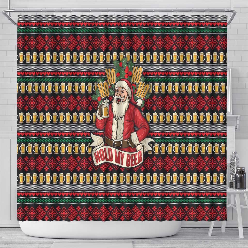 Santa Hold My Beer Christmas Shower Curtain with Beer Mugs and Holiday Pattern - Wonder Print Shop