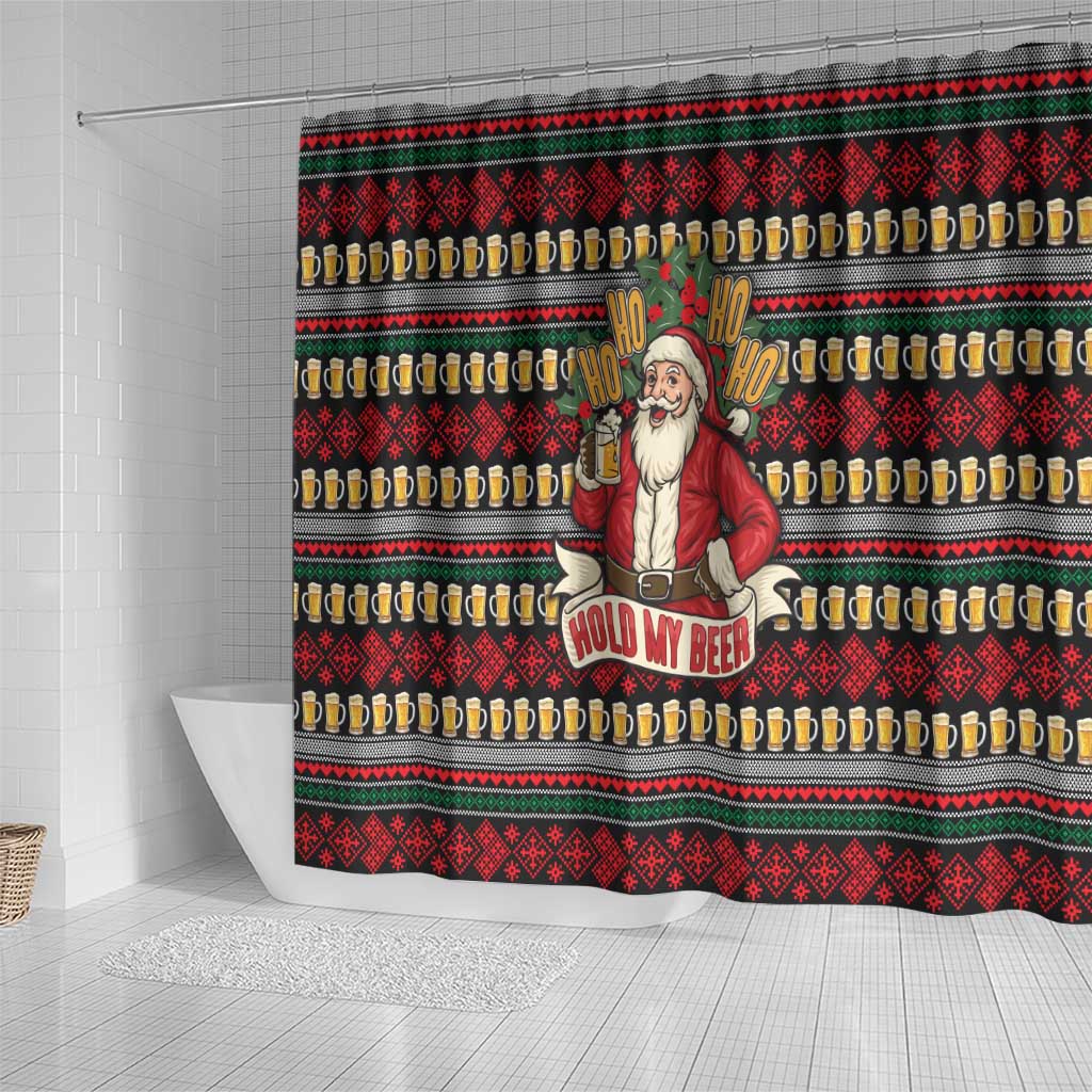 Santa Hold My Beer Christmas Shower Curtain with Beer Mugs and Holiday Pattern - Wonder Print Shop